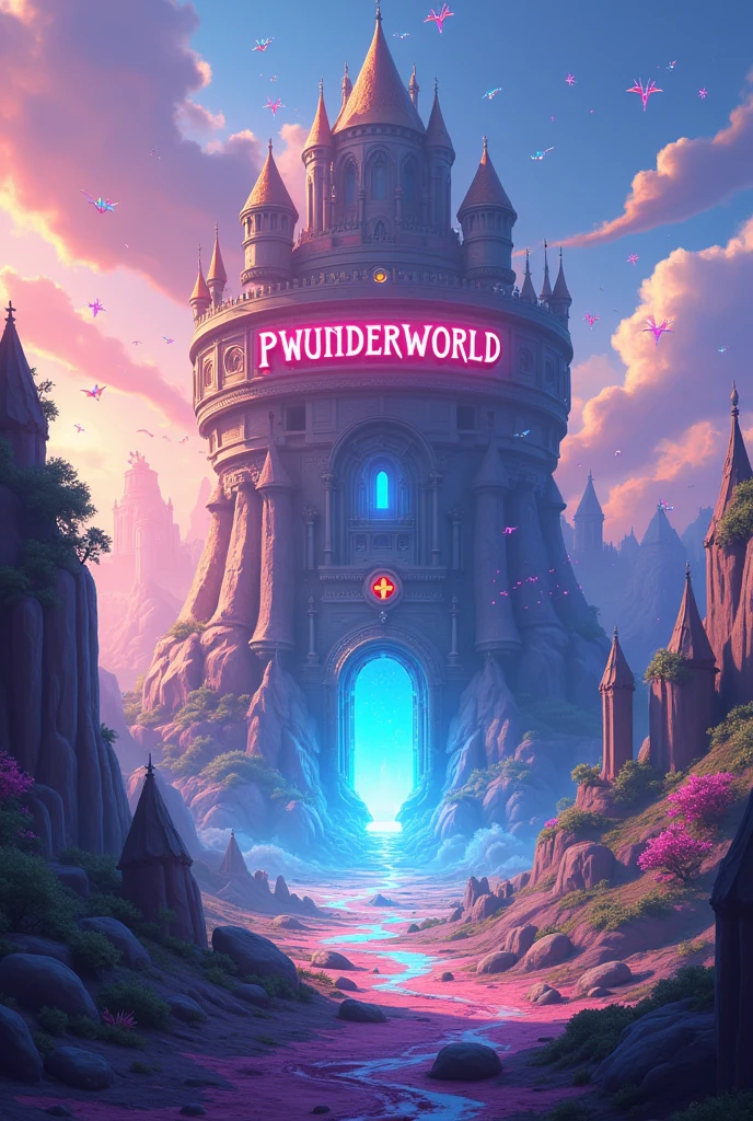 perfect world MMORPG game, written pwunderworld centered with bright colors and evil font
