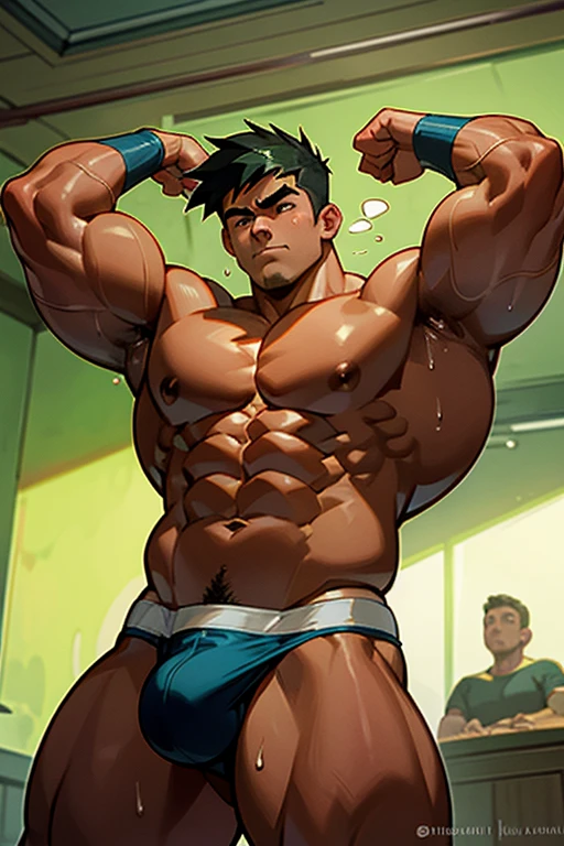 Danny Fenton from Danny Phantom animated series as a big dumb teenage muscular bodybuilder jock in a locker room flexing and staring blankly with mouth gaping open as his eyes glow green under hypnosis as he repeats, "Bigger... Dumber.... Must obey.... More like a jock bro every day.... Yes, Coach. I obey. Huhuhuhuh.... Sweaty brutes must obey.... Sweaty brutes do what you say.... Big ... sweaty ... musky jock bro.... Can't think.... Head ... foggy.... Huhuhuhuh...." in deep mindless emotionless voice with fellow hypnotized jocks to forget about catching ghosts and focus instead on training his body and obeying his coach. Mouth dropped open. Hyper swollen bulging crotch. Hyper muscles. Toned muscles. 5% body fat. Steam rising from armpits and shoulders. Big biceps. Big triceps. Broad shoulders. Big traps. Big lats. Big meaty pecs. Massive deltoids. Six-pack abs. Spherical glutes. Brainwashing. Hypnosis. Hypnotized. Bro. IQ drain. Dumber and dumber. Meathead. Musclehead. Mindless. Hypno. Mind control. Brain drain. Entranced. Brute. Brutification. Brain drain. brainwashed. brainwash. Meathead jock bro assimilation. Mindless. Brainless. Empty stare. Hairy pecs. Hairy armpits. Treasure trail.