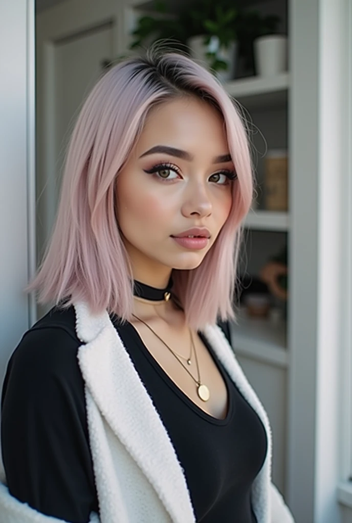 Create an image with the characteristics defined in the tag and avoid using the characteristics defined in the tag. A young woman with a delicate appearance, shoulder-length straight hair in light pink color. She has large, expressive eyes with soft makeup highlighting her lashes and well-defined eyebrows. Her skin is fair with an even tone. The facial expression is serene and confident. The image should be in a well-lit indoor environment, with soft natural light coming through the window, creating light shadows and a cozy atmosphere. The woman is wearing casual clothing that reveals part of her shoulders. The background is simple, with light-colored walls and a few minimalist decor items that do not distract from the main figure. The image should focus on the face, capturing the details of the hair and makeup, with a depth of field that slightly blurs the background. The framing should be centered and close, highlighting the facial expression and hairstyle. The resolution should be high, capturing all details with clarity. Do not include accessories such as hats, glasses, or jewelry. Do not use vibrant colors or flashy elements in the background. Avoid including more than one person in the image or any elements that distract attention from the woman's face. Do not add dramatic lighting or shadow effects that may distort the model's natural features.