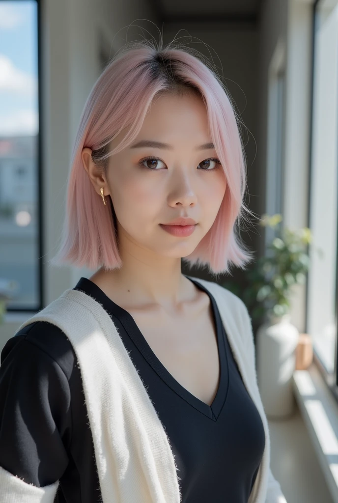 Create an image with the characteristics defined in the tag and avoid using the characteristics defined in the tag. A young woman with a delicate appearance, shoulder-length straight hair in light pink color. She has large, expressive eyes with soft makeup highlighting her lashes and well-defined eyebrows. Her skin is fair with an even tone. The facial expression is serene and confident. The image should be in a well-lit indoor environment, with soft natural light coming through the window, creating light shadows and a cozy atmosphere. The woman is wearing casual clothing that reveals part of her shoulders. The background is simple, with light-colored walls and a few minimalist decor items that do not distract from the main figure. The image should focus on the face, capturing the details of the hair and makeup, with a depth of field that slightly blurs the background. The framing should be centered and close, highlighting the facial expression and hairstyle. The resolution should be high, capturing all details with clarity. Do not include accessories such as hats, glasses, or jewelry. Do not use vibrant colors or flashy elements in the background. Avoid including more than one person in the image or any elements that distract attention from the woman's face. Do not add dramatic lighting or shadow effects that may distort the model's natural features.