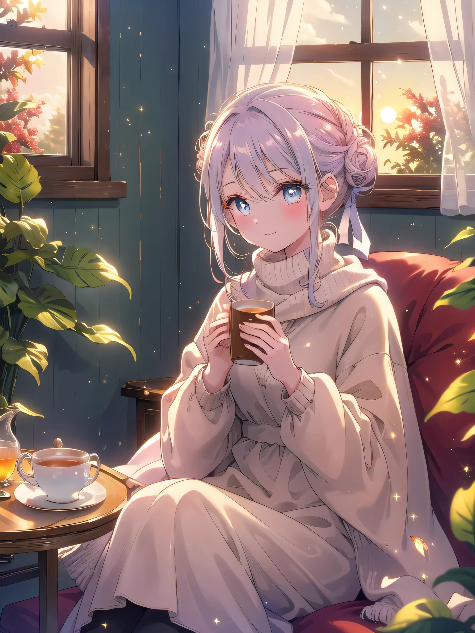 ((8k, Highest quality, masterpiece: 1.3)),Ultra-high resolution,(1 girl, alone), (Color changing eyes, Ultra-detailed, Expressive brilliance, Glitter, Glowing Eyes), Highly detailed eyes, Highly detailed face, Random Hair, ((pastel colour)Tea Break by the Window
The woman is sitting by a large window in her living room, enjoying a peaceful afternoon tea. She’s dressed in a comfortable, oversized sweater and leggings, her hair pulled back in a messy bun. In front of her is a small wooden tray with a simple cup of tea and a single pastry. The light from the setting sun bathes the room in a golden glow, creating a serene atmosphere. She holds the cup of tea in both hands, savoring the warmth as she looks at the camera with a gentle, relaxed smile. The window offers a view of the garden outside, where the leaves are just beginning to change color, hinting at the transition from late summer to early autumn. A soft blanket is draped over her lap, adding to the cozy ambiance.