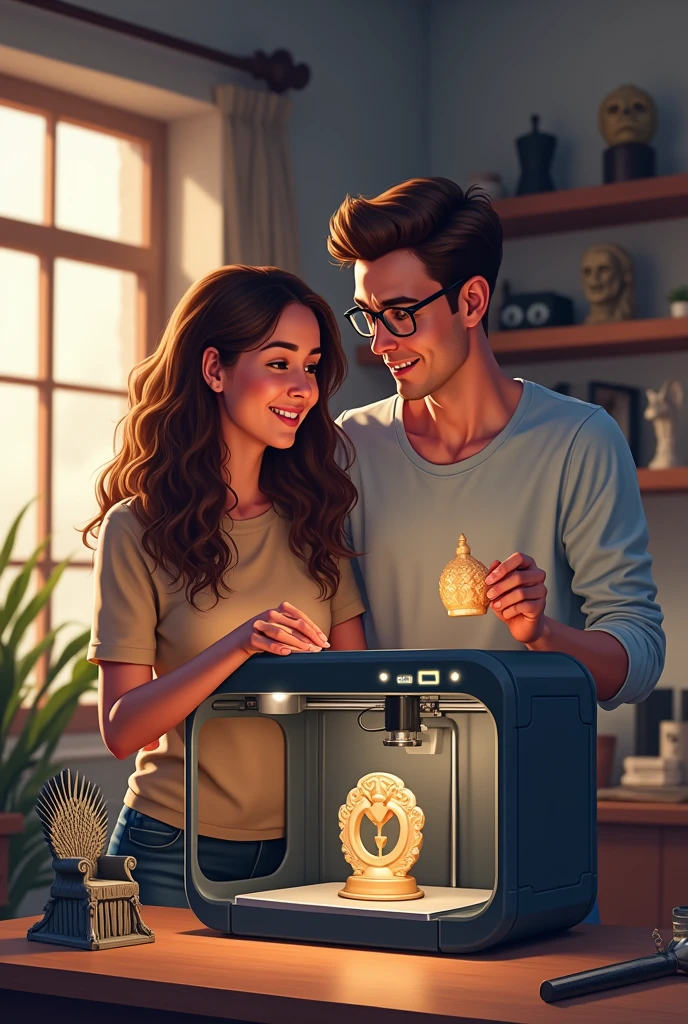 A realistic, detailed digital illustration of a young couple starting their 3D printing business in a cozy, modern workspace. The couple closely resembles the people in the provided reference image. The woman has light skin, with long, curly brown hair, and the man has light skin with short, straight brown hair, wearing glasses. They stand side by side near a high-tech 3D printer on a workbench, which is actively printing a detailed object. Surrounding the printer are 3D-printed items, including a small, intricately designed Iron Throne from "Game of Thrones," a realistic Clicker mask from "The Last of Us," and an elegant wand from "Harry Potter." The woman is adjusting the printer with a focused expression, while the man proudly holds up a freshly printed piece, both showing enthusiasm and pride in their work. The background is filled with more 3D-printed collectibles displayed on shelves. The overall scene is warm and inviting, with realistic lighting that emphasizes the couple’s excitement and teamwork in their new venture.