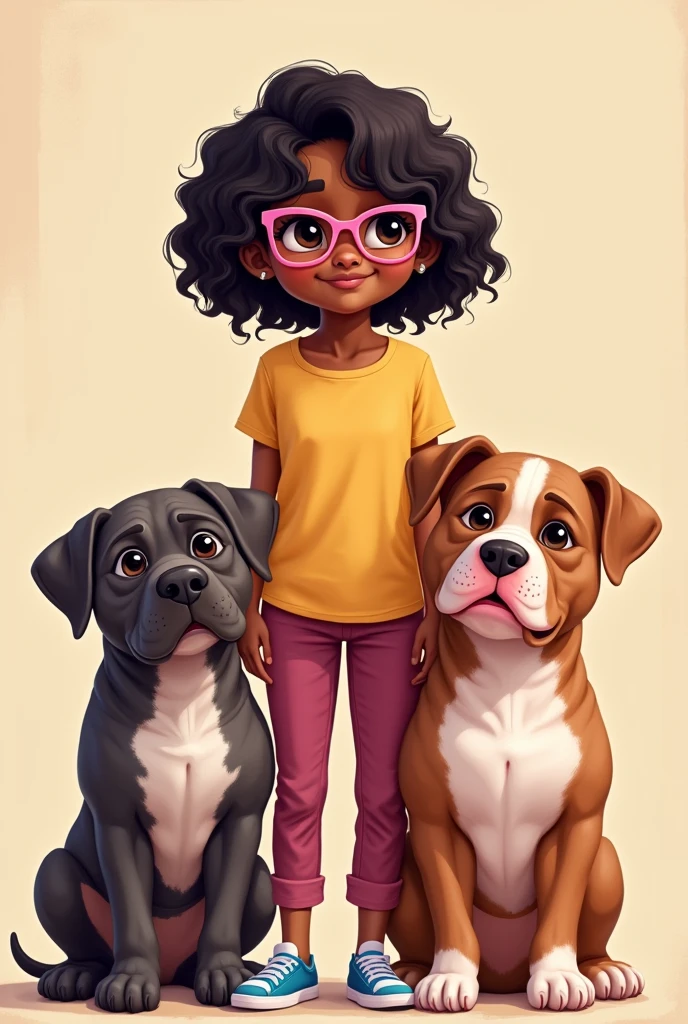 
A dark skinned girl, short wavy hair and pink glasses with a large yellow pitbull dog with a pink nose and a brindle pitbull puppy