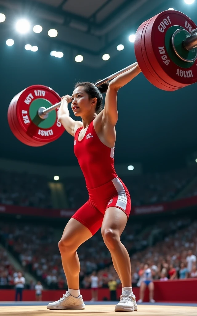 Ultra-high resolution，High-resolution details，Olympic women&#39;s weightlifting，Red clothing，（1 Korean beauty，Super beautiful，Super fair skin，White face）full-body shot，Panoramic vistas，Wide-angle lens，snatch，Lift，clean and jerk，Olympic indoor venues as background，Full audience，Passionate and intense
