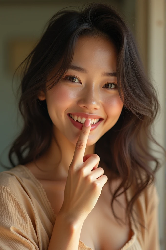RAW photo in sequence, Photo of a 1, asian women, long shirt ((Upper body selfie, happpy)), biting finger, detailed face, Slightly blurred, Detailed backgrounds, natural lightting, HDR, foto realista, professional photo, Flirting with the viewer, Visual sexy, photorealestic, Linda, natural skin, 8K UHD, high quality, filmic grain, Fujifilm XT3