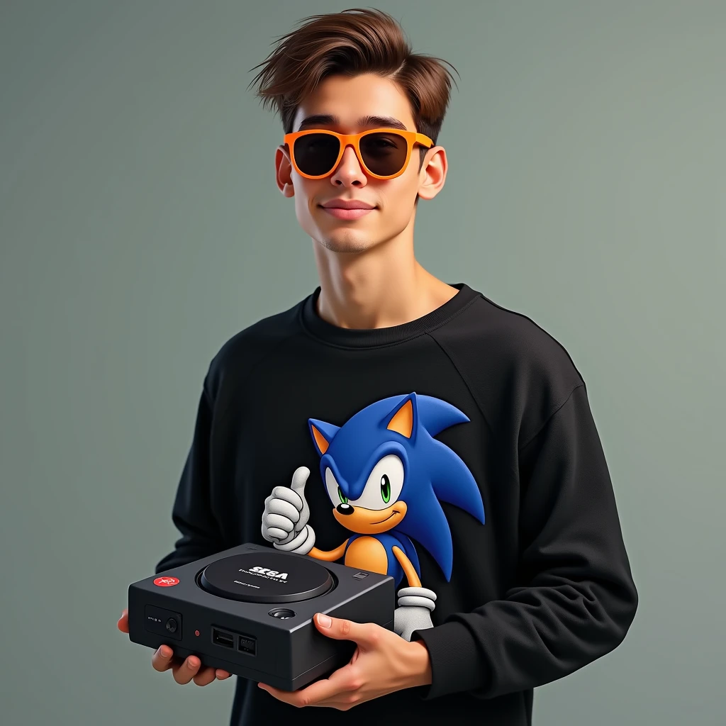 Make a boy an adult, with orange sunglasses, black Sonic sweatshirt, holding a sega dreamcast