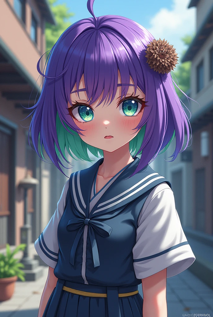 One-eyed cyclops girl with violet pistachio green hair and a Japanese uniform