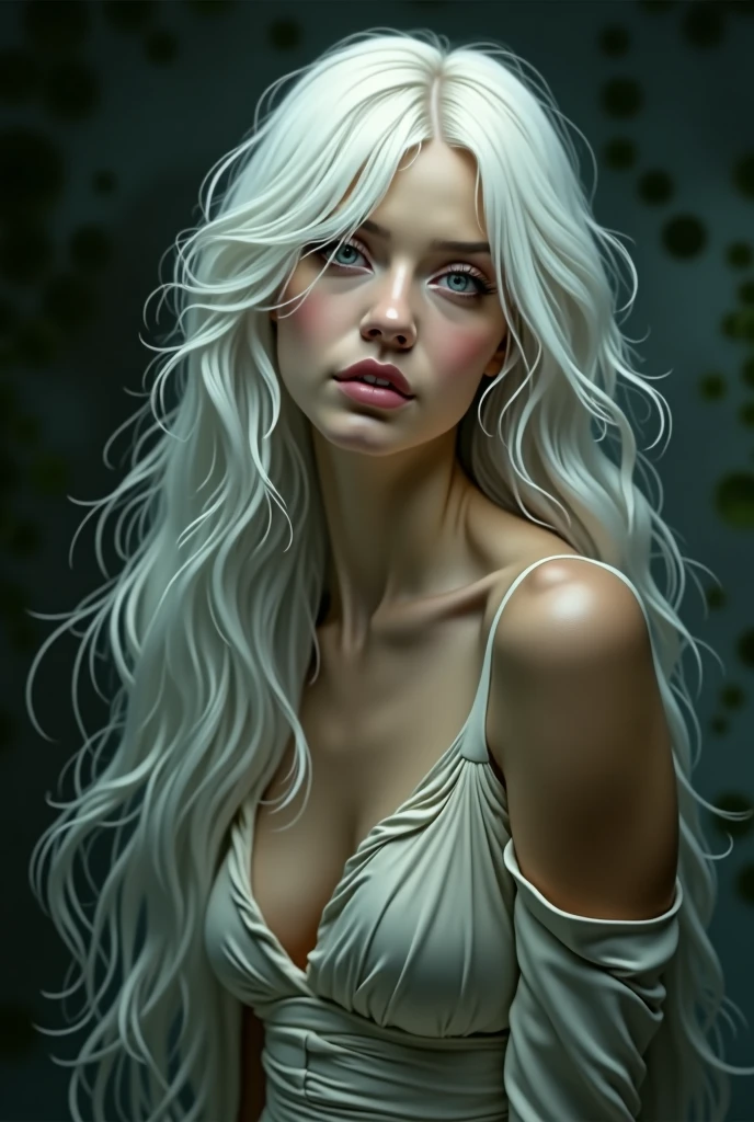 Surreal Portraits of Women by David Hockney and Alphonse Mucha,fantasy art, Realistic picture, dynamic light, art station, poster, Volumetric light, The page is very detailed., 4 ก, won,, 1 girl, in the dark, deep shadow, low voice,cowboy shoot,(formal clothes:1.4) ,long hair,white hair,, bare, see 