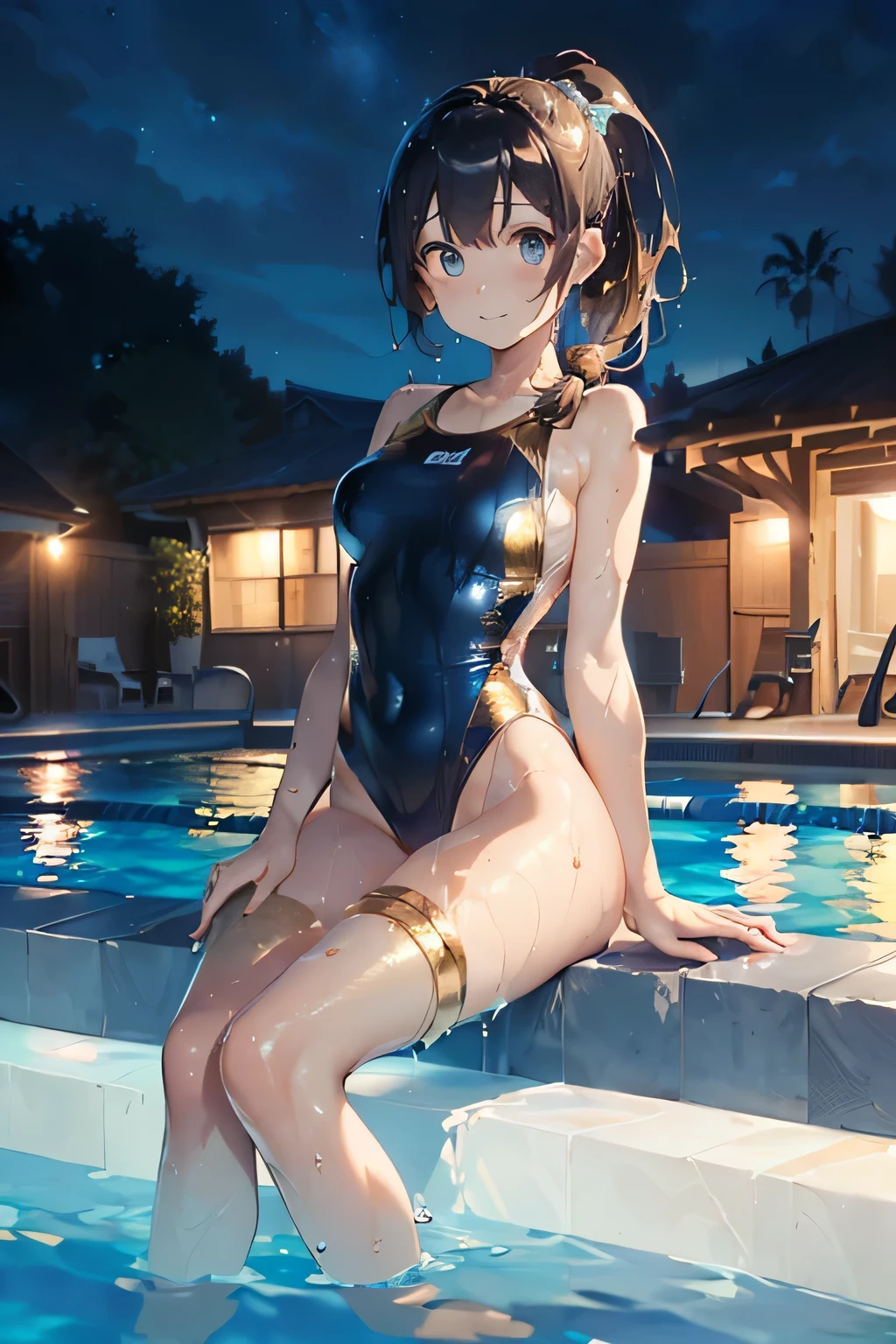 (masterpiece:2)、(((Very nice and beautiful)))、(((Ultra-high resolution)))、(16K Ultra-high resolution:2)、(Wet woman:1.4)、(Metallic enamel gold swimsuit:1.5)、(Medium large breasts)、(Beautiful Skin:1.6)、(Long ponytail:1.8)、(Beautiful Eyes:1.8)、、(Nominal Body Type)、(glamorous:1.4)、(logic:1.4)、(Thin thighs:1.6）、(Thin legs:1.6)、(Laughter)、Perfect Proportions，Correct Anatomy、Excellent anatomy、(Correctly drawn limbs:1.6)、(Pose to sit by the pool at night:1.4)、Dynamic Angle、  (Luminism),200mm lens