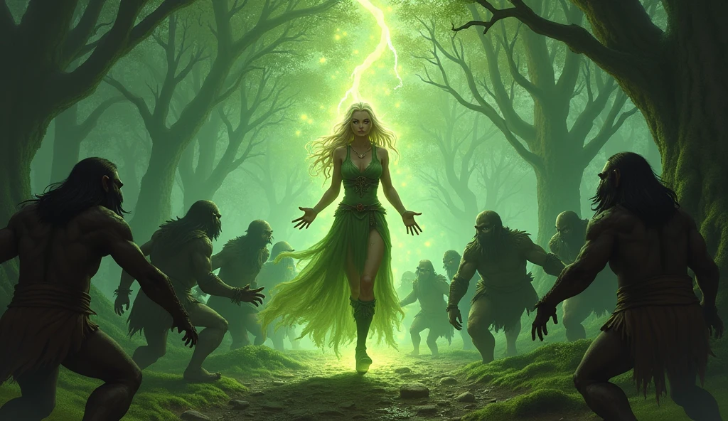 In the middle of the battle、Eris the elven druidess is in perfect harmony with the life force of the forest.、Unleash the true power hidden within you。Her magic is getting stronger、Become one with the surrounding nature and face off against the dark invaders。Ellis understood the importance of her mission.、Recognize that you are an essential part of protecting the forest。Her power spread throughout the forest、Giving hope and courage to my friends。Ellis is a blond elf woman. she is facing a horde of goblins. Goblins in the foreground, lots of golblins, (Elis is in the mid groundm, the goblins are in front of Elis with their backs to the viewer, goblins are attacking Elis.)