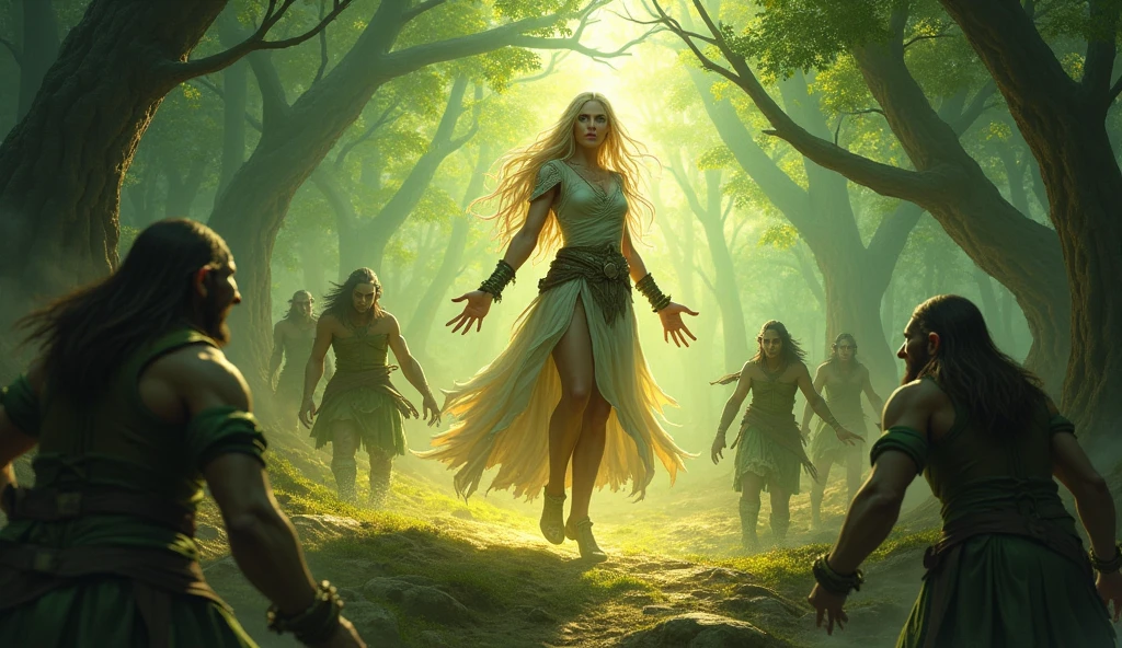 In the middle of the battle、Eris the elven druidess is in perfect harmony with the life force of the forest.、Unleash the true power hidden within you。Her magic is getting stronger、Become one with the surrounding nature and face off against the dark invaders。Ellis understood the importance of her mission.、Recognize that you are an essential part of protecting the forest。Her power spread throughout the forest、Giving hope and courage to my friends。Ellis is a blond elf woman. she is facing a horde of goblins. Goblins in the foreground, lots of golblins, (Elis is in the mid groundm, the goblins are in front of Elis with their backs to the viewer, goblins are attacking Elis.)