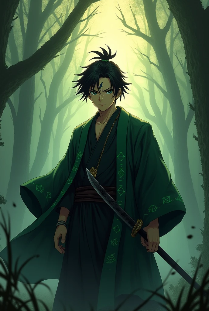 Create an image of Tanjiro Kamado, the protagonist of Demon Slayer. He must be dressed in his demon hunter uniform., consisting of a black kimono with green and black checkered details, and a green haori with geometric patterns. Tanjiro is wielding his Nichirin sword, that has a black blade. His expression is determined and courageous, with a flame-shaped scar on his forehead and big, kind eyes. The scenery in the background is a dense forest with fog, highlighting the mystical atmosphere of the series. Lighting should be soft, with the glow of dawn penetrating between the trees