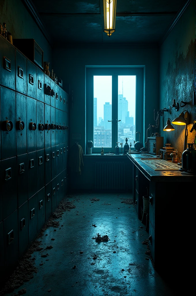 Create a dark computer room , lockers with clothes , Blue walls and a large window with a view of the city and lots of scientific decoration and a Ouija board