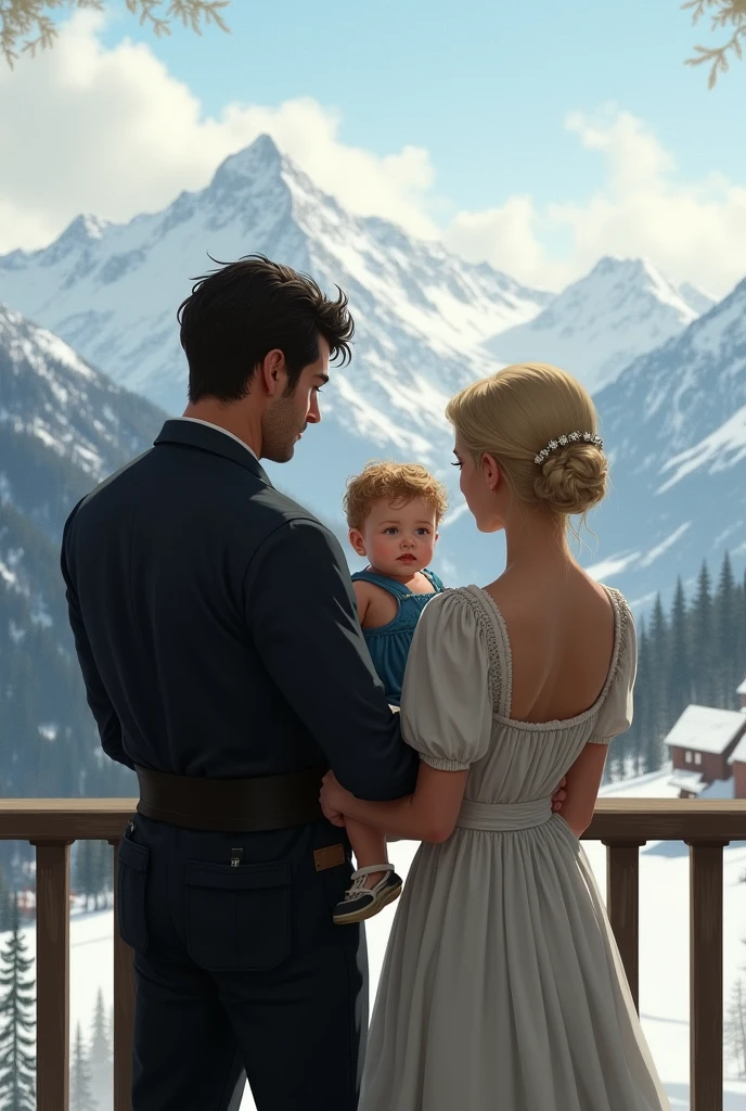A couple without hugging, The man is dressed in black, a little robust, he is with his back turned and the woman has short blonde hair wearing a white country dress with straps looking at the dark-haired baby in the arms of the man wearing a blue dress and a white brooch, on a balcony overlooking a landscape of snowy mountains