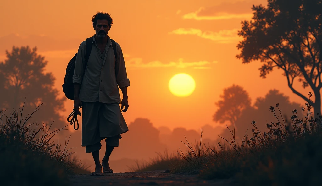 Evening Return**: Mohan walking home during the evening, his face showing tiredness and concern, the sky turning orange as the sun sets.