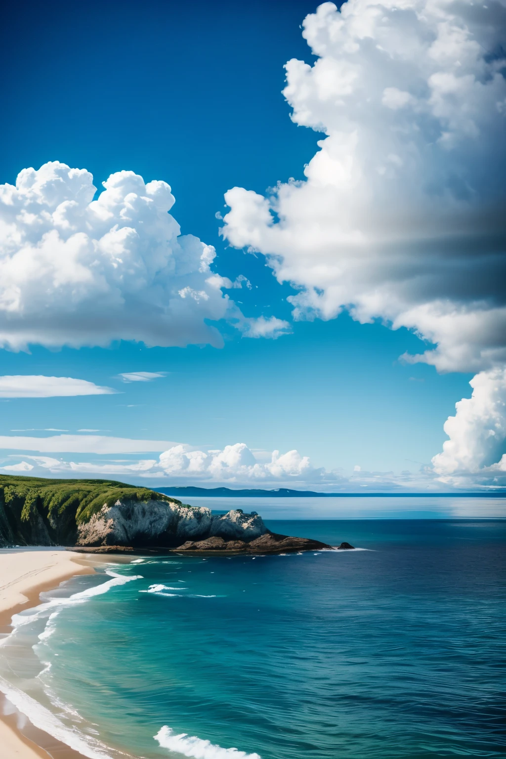 Highest quality, Soft Light, Ultra-high resolution, RAW Photos, Quiet coast,blue sky,White cloud,