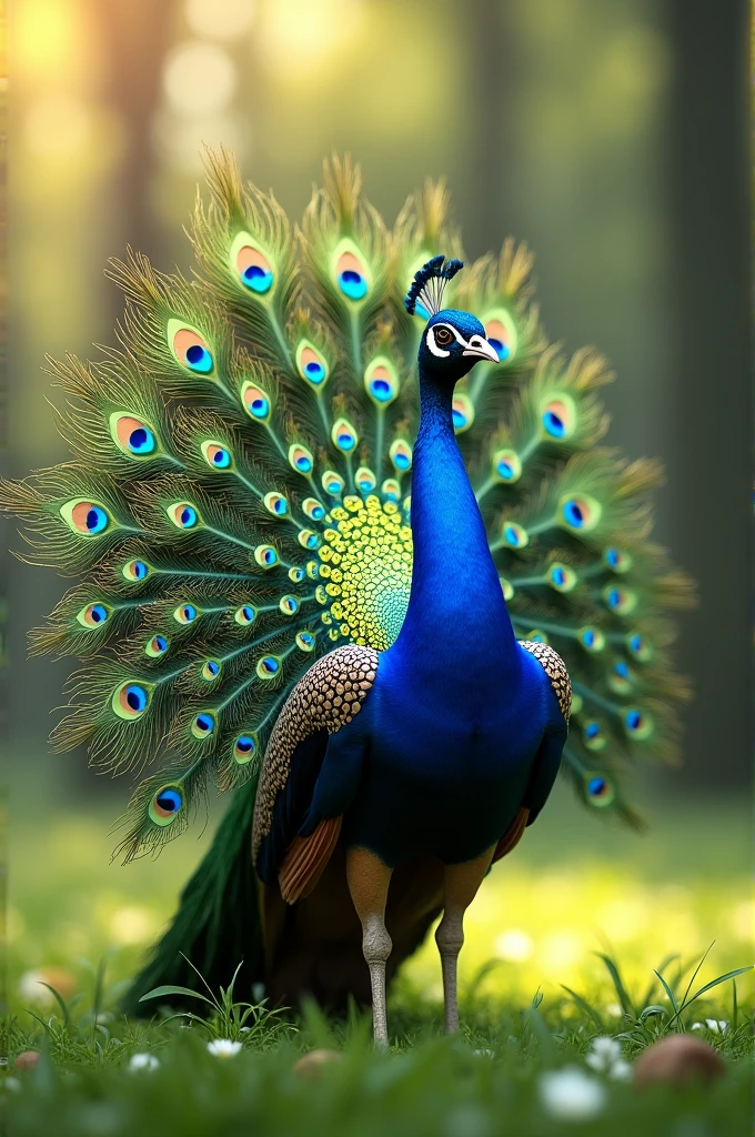 “A majestic peacock with its vibrant, iridescent blue and green feathers fully fanned out in a display. The feathers have intricate eye-like patterns in shades of gold, blue, and green. The peacock stands on lush green grass with a blurred natural forest background, under soft, natural sunlight.”