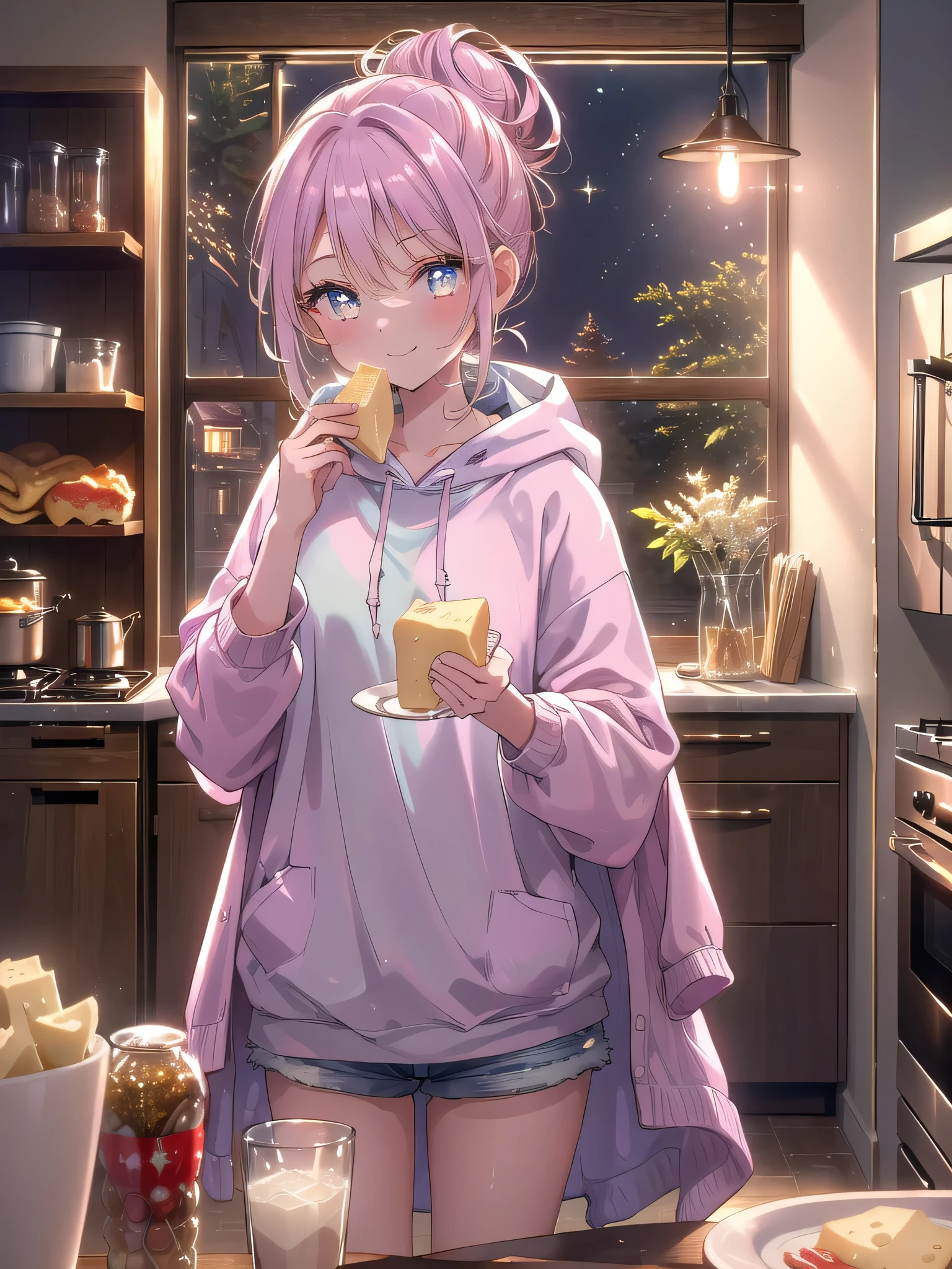 ((8k, Highest quality, masterpiece: 1.3)),Ultra-high resolution,(1 girl, alone), (Color changing eyes, Ultra-detailed, Expressive brilliance, Glitter, Glowing Eyes), Highly detailed eyes, Highly detailed face, Random Hair, ((pastel colour)Late-Night Snack in the Kitchen
The woman is standing in the dimly lit kitchen, preparing a quick late-night snack. She’s wearing a loose, comfortable hoodie and shorts, with her hair pulled back in a casual bun. The kitchen is quiet, with only the soft hum of the refrigerator and the gentle glow of the stove light illuminating the scene. On the counter in front of her, there’s a small plate with a few slices of cheese and crackers, along with a glass of milk. She glances at the camera with a mischievous smile, as if caught in the act of a secret midnight feast. The scene is intimate and relaxed, capturing the simple pleasure of a small, comforting snack before heading to bed.