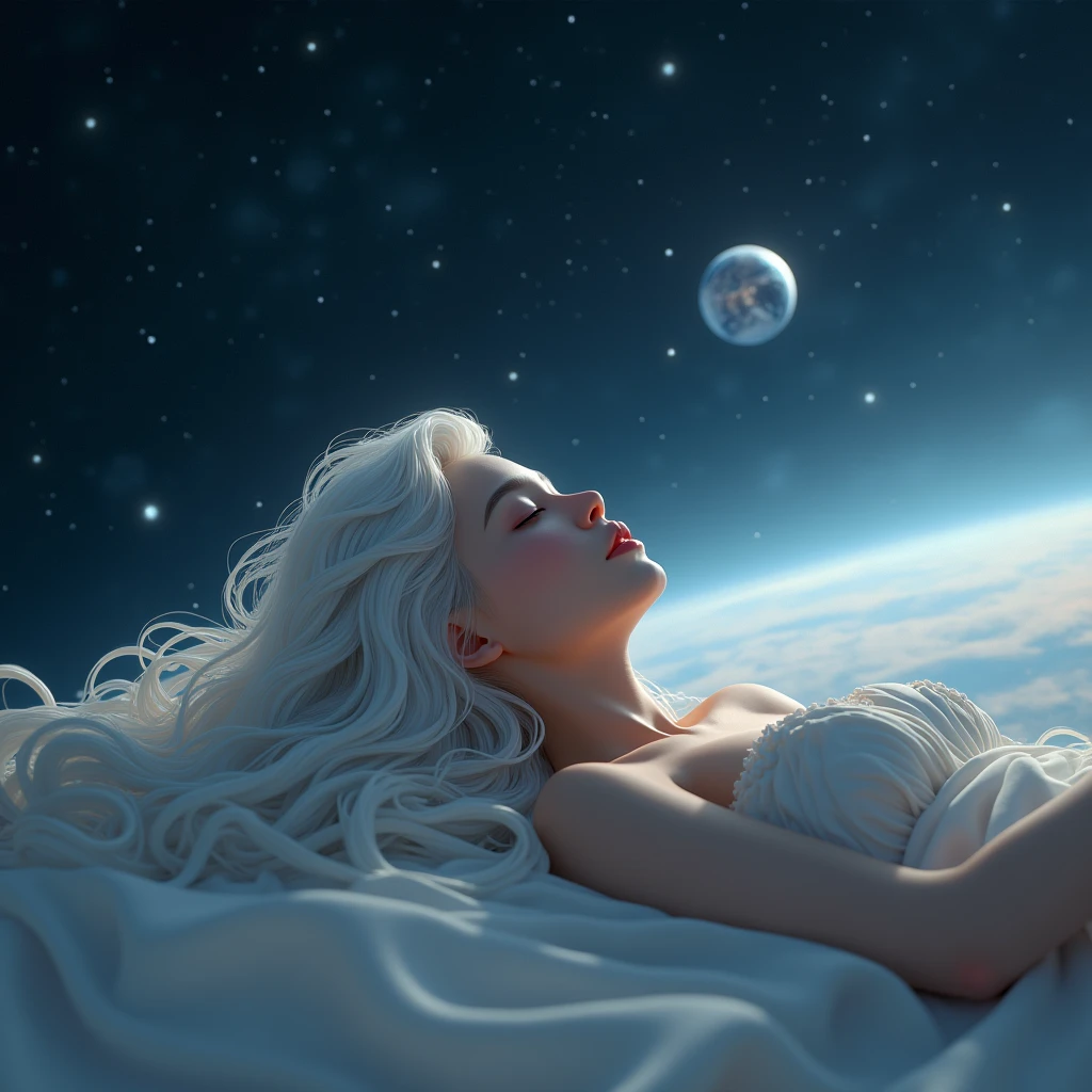 A woman with long white wavy hair,she will be lying down and a satellite,she will be in space 