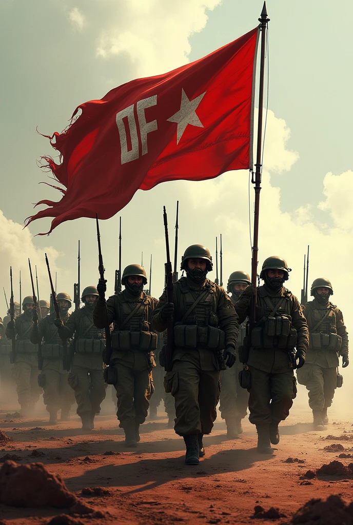create an image of an army carrying a flag written TROPA DO F and written TROPA DO F in the background