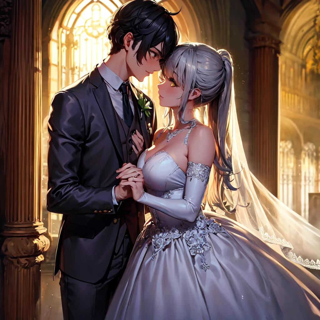 masterpiece, Best quality, masterpiece, Best quality, masterpiece, Best quality, masterpiece, Best quality, high quality, detail_skin, Beatifull_hair, detail_hair, Beatifull_hands, hands_detail, High detail, Ultra detail, HD, 4k, 4280x2240, depth field, (HDR:1.9), Correct anatomy, a masculine boy with short hair black hair abundant brown eyes with full wedding suit from groom to gentleman's suit and Palto flu pants and a girl with very long hair messy hair curly hair wavy hair (((silver hair))) high ponytail with yellow eyes in wedding dress, Dream wedding dress. love. Hand in hand looking at the New Year's sunset sunrise while kissing at church wedding with wedding rings on boy finger and wedding rings on girl finger and smiles, detail, ultra-detail, correct_position, correct_texture, correct_colors, correct_shading, correct_cgi, correct_body, correct_anatomy, correct_proportion, (correct_complete_body), source_anime,score_6_up,score_7_up,score_8_up,score_9, (Beautiful eyes), (detail_eyes), Eyesclothing cutout, veil,see-through,wide sleeves, white leotard,long sleeves,frilled sleeves,frills,bridal veil, Detailedface, artist(ReDrop), Romántica style sleve, EasyNegative_pt , beatifull_detail,
