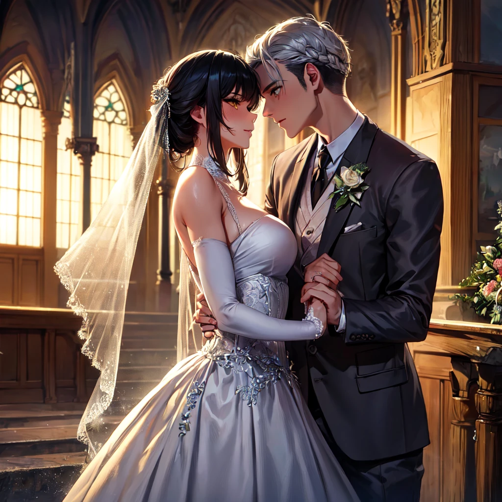 masterpiece, Best quality, masterpiece, Best quality, masterpiece, Best quality, masterpiece, Best quality, high quality, detail_skin, Beatifull_hair, detail_hair, Beatifull_hands, hands_detail, High detail, Ultra detail, HD, 4k, 4280x2240, depth field, (HDR:1.9), Correct anatomy, a masculine boy with short hair black hair abundant brown eyes with full wedding suit from groom to gentleman's suit and Palto flu pants and a girl with very long hair messy hair curly hair wavy hair (((silver hair))) high ponytail with yellow eyes in wedding dress, Dream wedding dress. love. Hand in hand looking at the New Year's sunset sunrise while kissing at church wedding with wedding rings on boy finger and wedding rings on girl finger and smiles, detail, ultra-detail, correct_position, correct_texture, correct_colors, correct_shading, correct_cgi, correct_body, correct_anatomy, correct_proportion, (correct_complete_body), source_anime,score_6_up,score_7_up,score_8_up,score_9, (Beautiful eyes), (detail_eyes), Eyesclothing cutout, veil,see-through,wide sleeves, white leotard,long sleeves,frilled sleeves,frills,bridal veil, Detailedface, artist(ReDrop), Romántica style sleve, EasyNegative_pt , beatifull_detail,