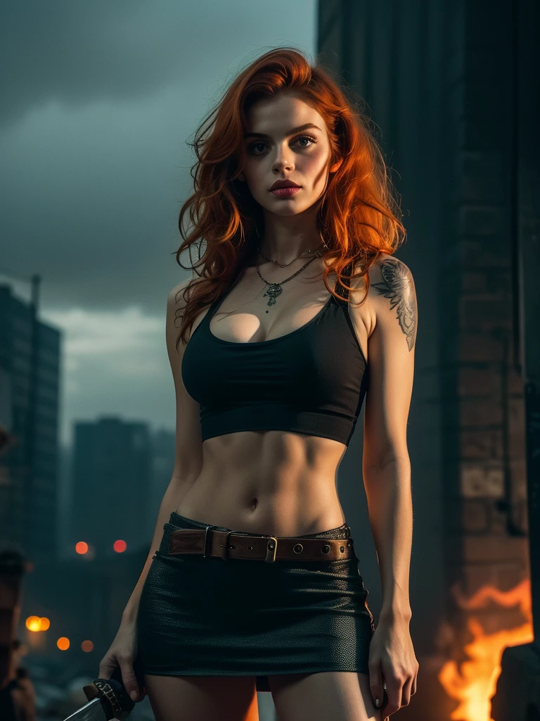 muito detalhado, 16K high resolution, incredibly detailed image, filmic, best quality, masterpiece, realisti, detailed face, detail-ful background, dramatic lighing, Girl, 25 years, alone, beautiful natural ginger red hair, straggly and messy wavy hair. Extremely detailed facial expressions with sharp and piercing green eyes. A delicate, slightly cheeky face, discreetly made up. ((She is tattooed and pierced, big tubes in the ears.)), She has (Very small breasts) and a slim figure, in good shape. Dark lighting conditions, the world is destroyed after a war. She is in a old destroyed city. Flames and clouds of smoke in the background. She wears worn-out clothing consisting of a torn black hooded tank top, a broken miniskirt and dusty ankle-high boots. She has a belt around her hips with a bag and a knife attached to the side. She carries a Viking sword on her back.