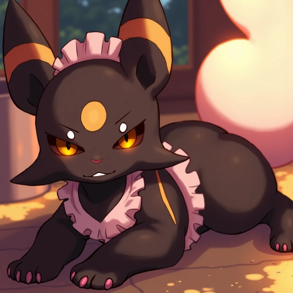 available_light，((((the maid outfit，Role-playing set)))) 
((umbreon)), [[black_body, yellow_circle_tattoo, black_fur, markings, ear_markings]], non-humans, no-hair, visible human pussy, 
(((quadruped, feral, canid, canine))), hind_limbs, (pink_pawpads:1.2), (animal_legs, animal_hand:1.2)
(on_front), lying
best_quality, hi_res, masterpiece, absurd_res
Highly_detailed, 4k, high_detail, detailed_background
uploaded_on_e621, (by_Hioshiru:1.2), (by_Ancesra:0.6), (by_Kekitopu:0.6), (by_kikunyi:0.6), (by_Syuro:1.2), (by_Doxy:0.6), (by_youjomodoki:0.6), by_dacad, (by_reysi:1.2), by_zinfyu, by_pata, by_chunie, by_dr.bubblebum cute female umbreon big legs big butt, nice cute horny face, pussy, presenting ass