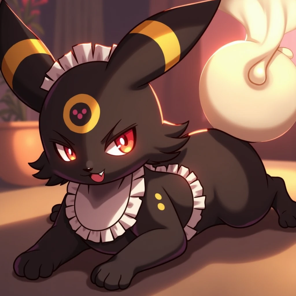 available_light，((((the maid outfit，Role-playing set)))) 
((umbreon)), [[black_body, yellow_circle_tattoo, black_fur, markings, ear_markings]], non-humans, no-hair, visible human pussy, 
(((quadruped, feral, canid, canine))), hind_limbs, (pink_pawpads:1.2), (animal_legs, animal_hand:1.2)
(on_front), lying
best_quality, hi_res, masterpiece, absurd_res
Highly_detailed, 4k, high_detail, detailed_background
uploaded_on_e621, (by_Hioshiru:1.2), (by_Ancesra:0.6), (by_Kekitopu:0.6), (by_kikunyi:0.6), (by_Syuro:1.2), (by_Doxy:0.6), (by_youjomodoki:0.6), by_dacad, (by_reysi:1.2), by_zinfyu, by_pata, by_chunie, by_dr.bubblebum cute female umbreon big legs big butt, nice cute horny face, pussy, presenting ass