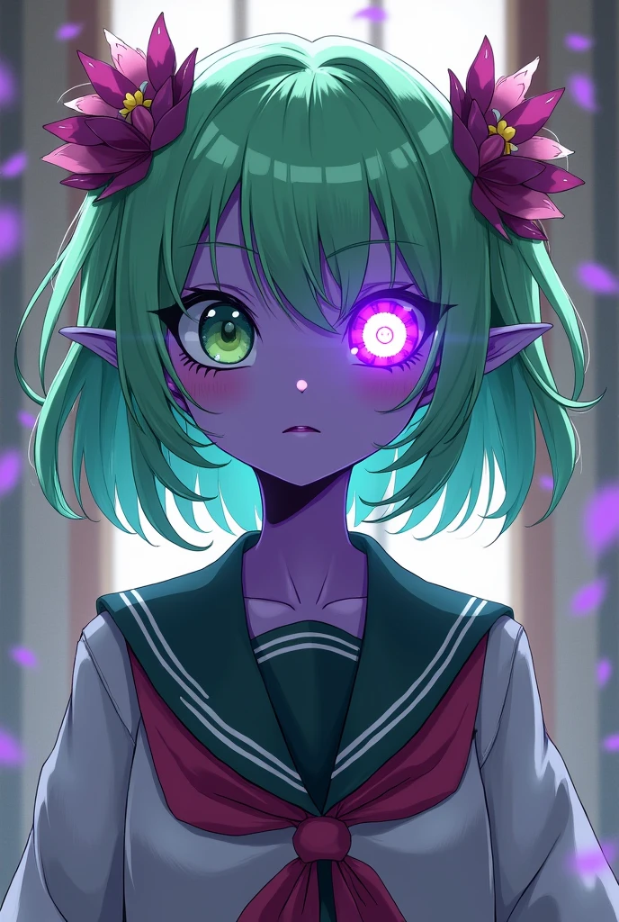 Purple Cyclops Girl, pistachio green hair and Japanese uniform 