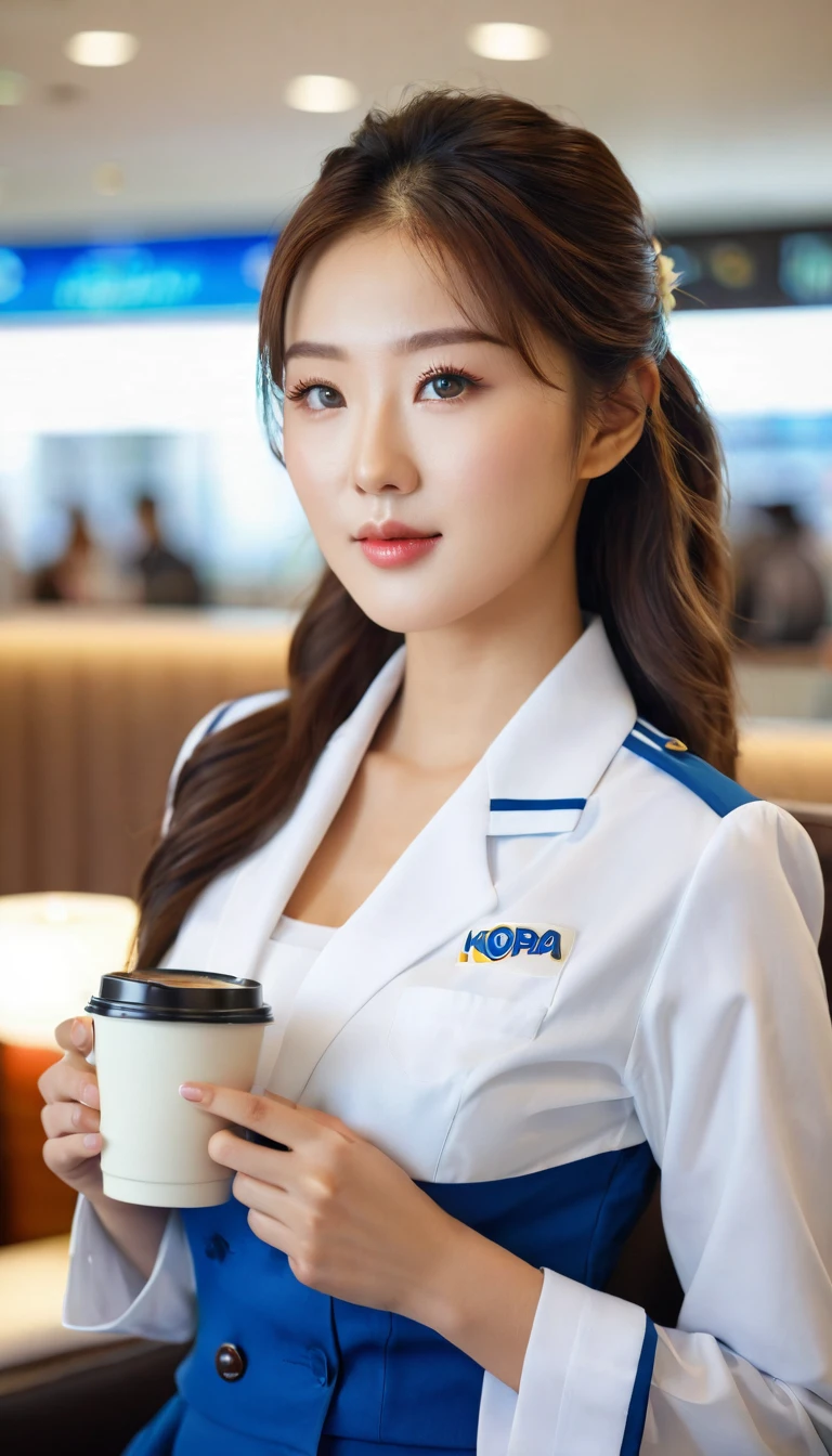 close-up of beautiful korean female, 34 inch breasts size, blue eyes, wearing hostess uniform, sitting in airport lounge, holding a cup of coffee, bokeh background, UHD