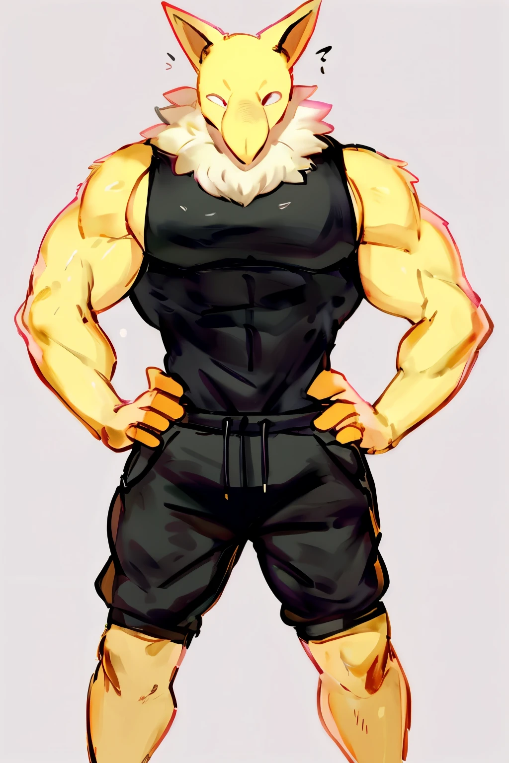 Furry, Anthro, solo, Hypno, Male, (((muscular body, massive male pectorals, yellow skin, fluffy neck, wearing white fur around neck))), ((((massive biceps, wide-eyed, head tilted)))), ((((((massive bulky torso, hands on hips, wearing black full male tanktop, wearing black sweatpants)))))), upper body, black/yellow spraypainted background, by buta99, by zackary911, by bebebebebe, (((digital painting)))