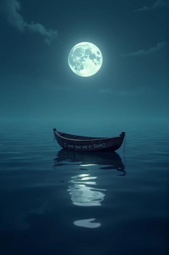 Create a small boat with a message I love you painted in Spanish on a sea in Karma stopping the tears of the moon