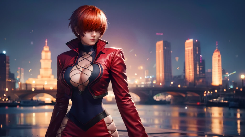 (at night), alone, in a video game scene, a background of a beautiful city during the day raining, standing at attention, red hair, ((red hair)), 1 girl, alone, 20 years old, young woman, perfect hands and beautiful with perfect fingers, beautiful long legs, perfect legs, beautiful body, beautiful nose, beautiful character design, perfect face, look at the viewer (focusing on the entire character), closed mouth, Light_Smile, official art, background unit Extremely detailed 8k CG display, perfect lighting, bright and colorful front lighting, glowing skin (masterpiece: 1.0), (best quality: 1.0), ultra high resolution, 4K, ultra detailed photography, 8K, HDR, high resolution, nonsense : 1.2, Kodak portra 400, film grain, blurred background, bokeh: 1.2, lens flare, (vibrant_color: 1.2), professional photography, (beautiful_face: 1.5), (narrow waist),