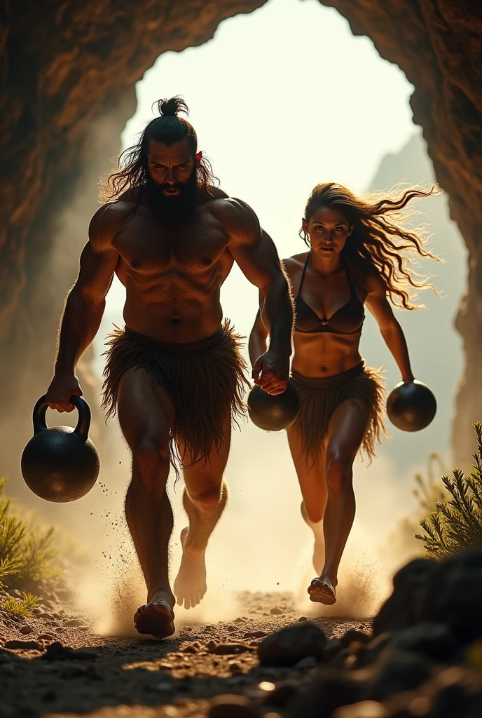 Muscular primitive man and woman running out of a cave head on.
 He with a kettlebell in his hand and she with a dumbbell in her hand