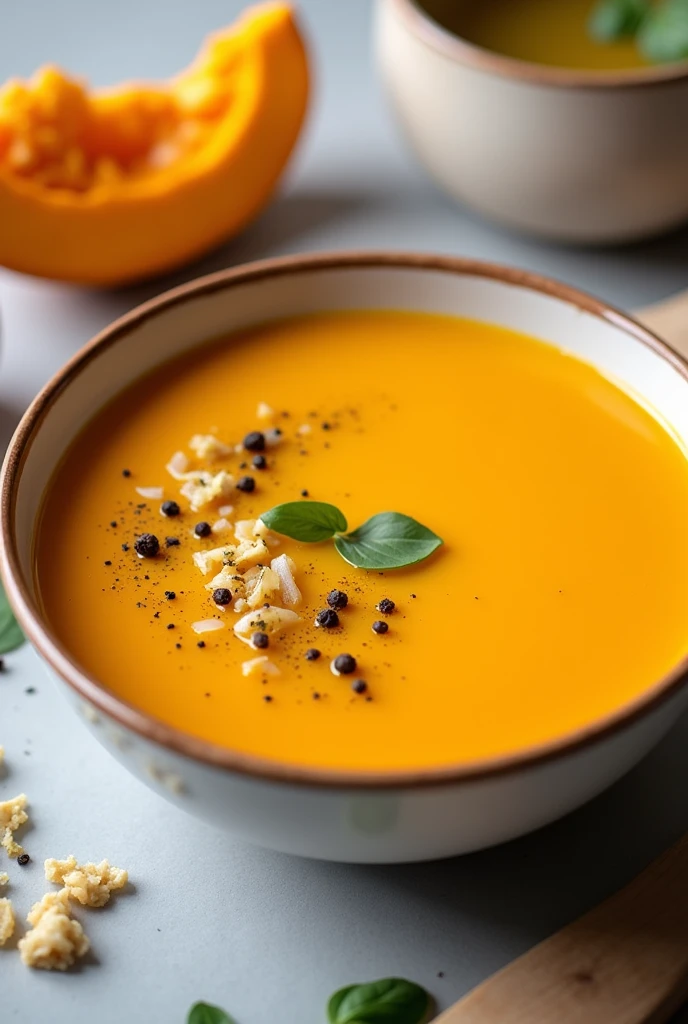 Create an image of this recipe: Pumpkin and Ginger Soup Ingredients:
- Pumpkin: 300 g - Fresh ginger: 10 g - Onion: 50 g - Vegetable broth: 500 ml - Olive oil: 15 ml
- Sal: 5 g - Pepper: 2 g Preparation:
1. Peel and cut the pumpkin into cubes. Finely chop the ginger and onion.
2. In a pot, Heat the olive oil and fry the onion and ginger until golden..
3. Add the pumpkin and cook for 5 minutes..
4. Pour in the vegetable broth and bring to a boil.. Reduce heat and simmer for 20 minutes., until the pumpkin is tender.
5. Blend the mixture until you obtain a smooth cream.. Season with salt and pepper to taste.
6. Serve hot.