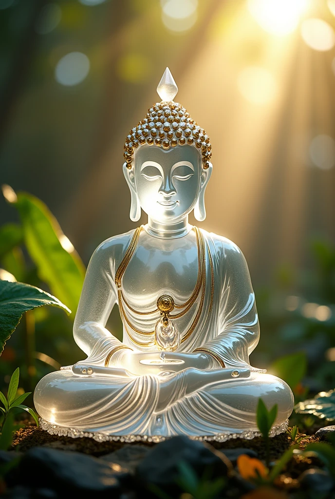 crystal buddha statue, highly detailed, hyper realistic, intricate details, glass, shiny, reflective, glowing aura, dramatic lighting, cinematic composition, serene expression, peaceful meditation pose, ornate decorations, gold accents, natural environment, lush foliage, sunbeams, photorealistic, 8k, masterpiece, cs-m3tal-ok_v06-1000