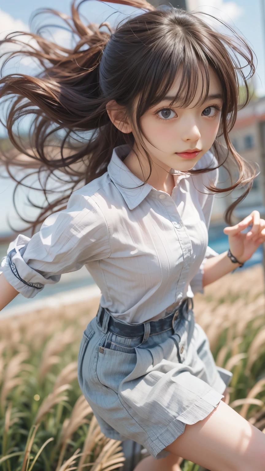 masterpiece , Highest quality , Very detailed , 1 person, ((Contrasting Eyes)) , Running in the city , blouse, skirt , bangs , field