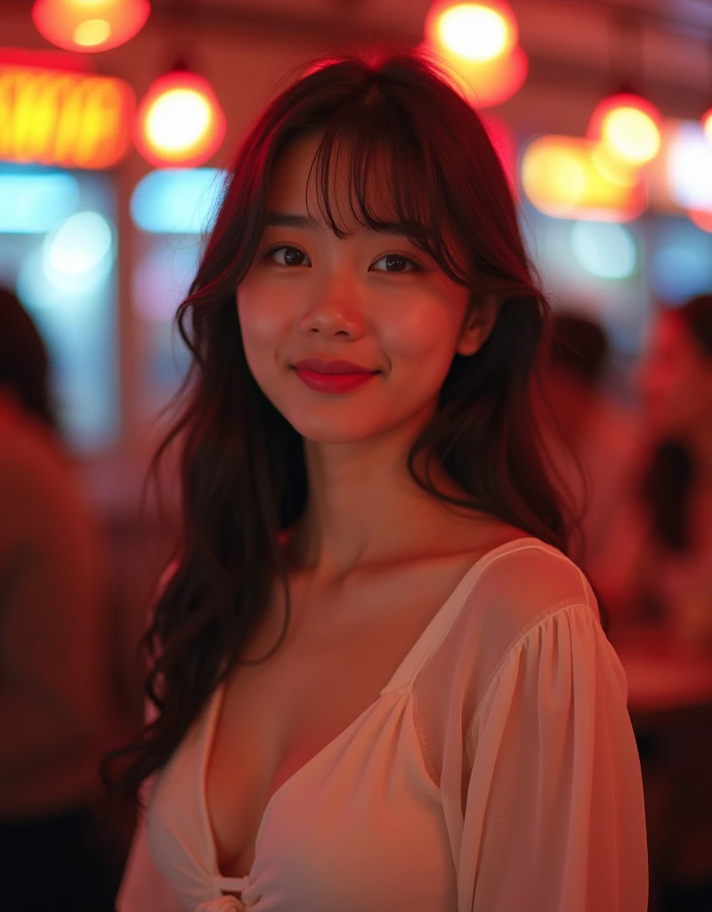 In real life, in photos, and in crowded bars, this captivating young woman with the air of a K-Pop idol stands out. Her sweet smile and kind eyes are illuminated by the cinema lights, subtly highlighting her youthful features. A glimpse of cleavage is revealed through her slightly sheer white blouse, highlighting her feminine charm. Against the bustling backdrop, she exudes innocence and playfulness, artistically captured in high-resolution RAW photos, achieving an uncanny realism that transcends the boundaries of the digital.