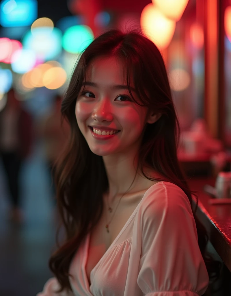 In real life, in photos, and in crowded bars, this captivating young woman with the air of a K-Pop idol stands out. Her sweet smile and kind eyes are illuminated by the cinema lights, subtly highlighting her youthful features. A glimpse of cleavage is revealed through her slightly sheer white blouse, highlighting her feminine charm. Against the bustling backdrop, she exudes innocence and playfulness, artistically captured in high-resolution RAW photos, achieving an uncanny realism that transcends the boundaries of the digital.
