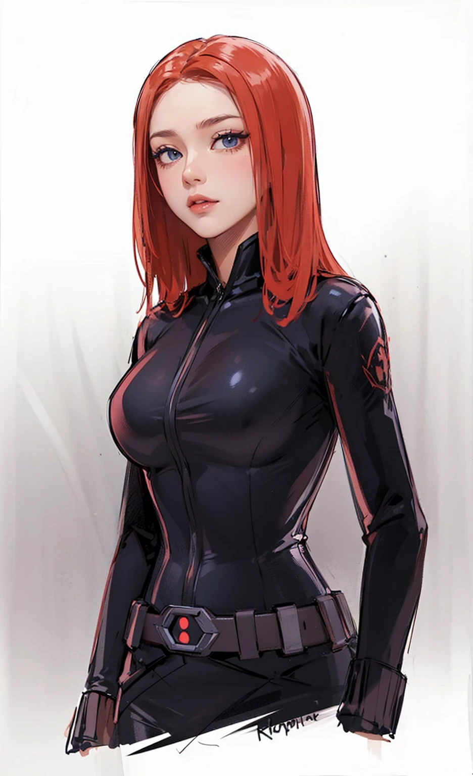 The image depicts Black Widow. She is illustrated with bright red, shoulder-length hair and blue eyes, and is clad in a sleek skin-tight shiny black latex bodysuit with a black silver zipper running down the front. The suit is complemented by her shiny iron wrist guard on both wrists and a metal belt with a buckle that features a red hourglass mark. Her gaze is intent and directed off-screen, implying alertness and focus on an unseen threat or target. She appears with a cute smile on her face. The atmosphere of the image conveys confidence and resilience, characteristics synonymous with the Black Widow persona. The background of the image is an off-white color, which creates a subdued and timeless ambiance.