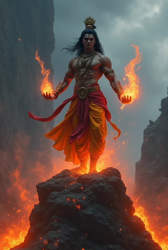 (photorealism:1.2), Krishna ji , standing on a rock , lava going from sides , attacking with his chakra , dark clouds foggy wheather, angry expression ,muscular body