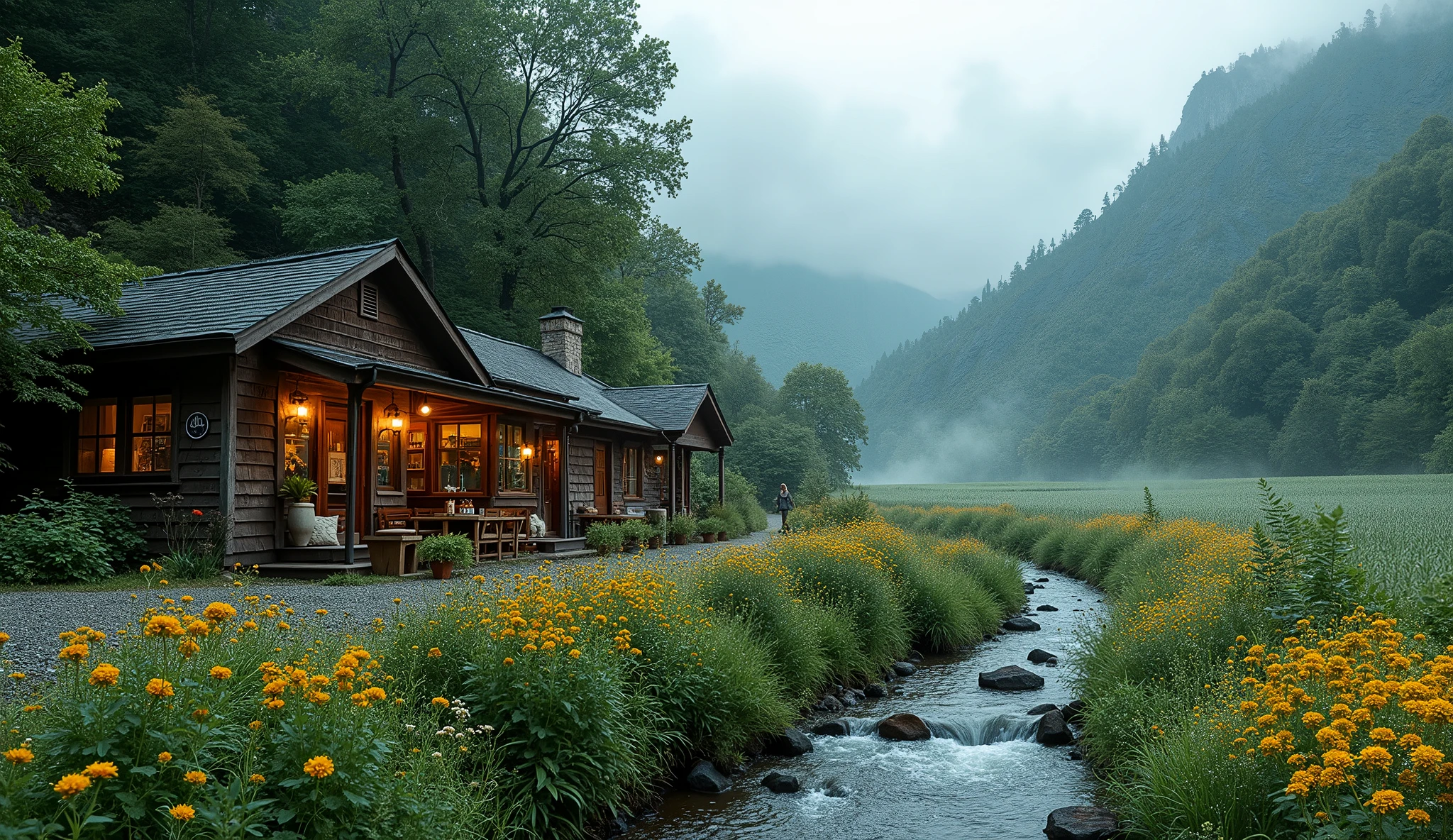 (wide angle shot) , coffee shop side by mountain stream , jazz music, lush landscape, dark green, forest, flower field, fog, river.