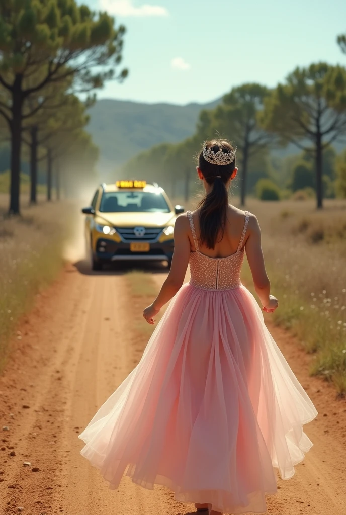 one , wearing a tiara and a pink dress, is running towards a modern popular model taxi, that is on the dirt road in front of you, also following the same path. Both are being seen from behind. The taxi is ahead, kicking up dust as it moves away from . The road is dirt and there are some scattered araucaria trees on the sides., setting the scene in the Serra Gaúcha