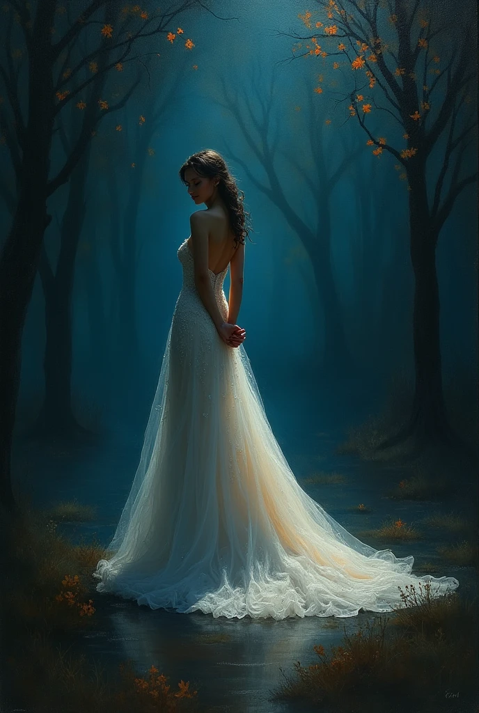 (Highest quality, High resolution, masterpiece:1.2,)[Abstraction(a):0.3] [complexity(c):0.7] [Expertise(It is):0.5] [creativity(I):0.2] [ethics(M):0.8] [depth(d):0.5], figure, night, One person, whole body, (Wedding dress), Put your arms behind your back, Wait for a kiss, View your viewers, Happy, blush,