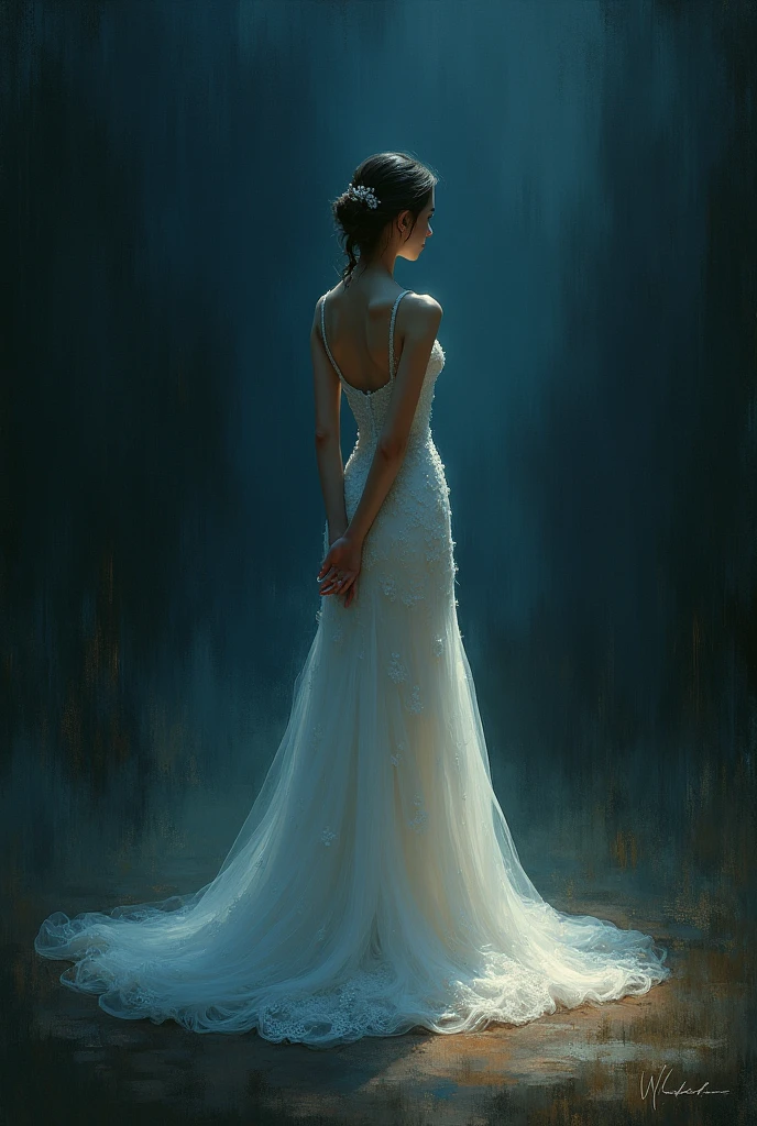 (Highest quality, High resolution, masterpiece:1.2,)[Abstraction(a):0.3] [complexity(c):0.7] [Expertise(It is):0.5] [creativity(I):0.2] [ethics(M):0.8] [depth(d):0.5], figure, night, One person, whole body, (Wedding dress), Put your arms behind your back, Wait for a kiss, View your viewers, Happy, blush,