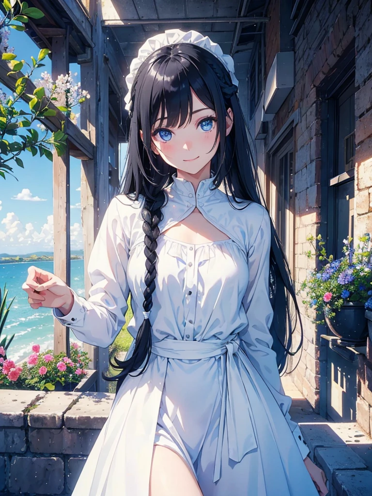 Lunch Girl Black Hair Alone Smiling Blue Eyes I look at the sparkling white dress, the sky, the flowers High resolution Long hair, partially braided, textured skin