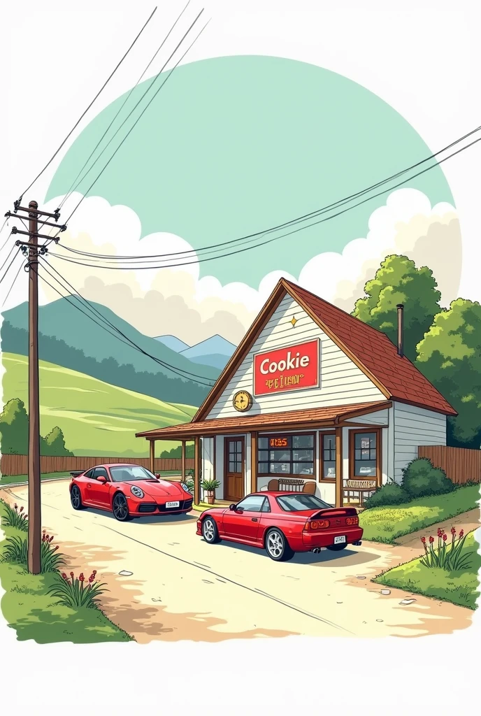Design a small cookie shop front, no people in the picture. The shop is located on the side of the road. The shop name is Cookie King. Line drawing style. Request a longer shop front with a waiting area. Single floor is enough. Similar to the previous one. Horizontal style. Request this style but with R34 and R35 cars.