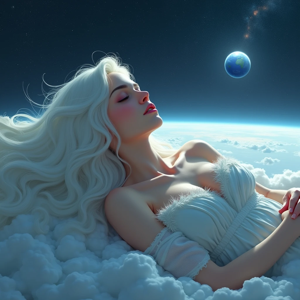 A woman with long white wavy hair,she will be lying down and a satellite,she will be in space