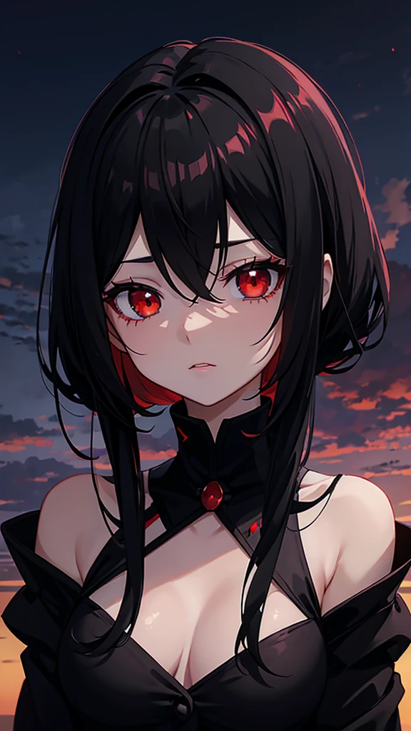 a woman with black hair and red eyes standing in front of a sunset, an anime drawing by Jin Homura, trends on Pixiv, gothic art, 1 gothic anime girl, demon anime girl, anime vibes, dark yandere gapmoe, with bright red eyes, with bright red eyes, portrait dark yandere gapmoe, anime styling
